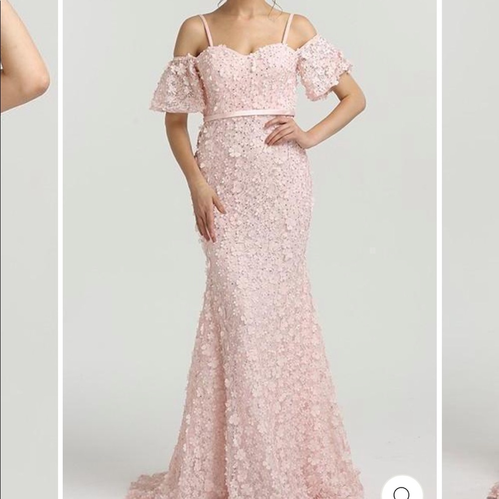 Beautiful floral details. Off the shoulders prom or wedding guest dress.